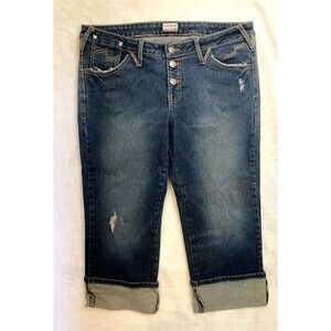 No Boundaries Women's Capri Sz 9 32W Button Up Emroidered Distressed Cuffed